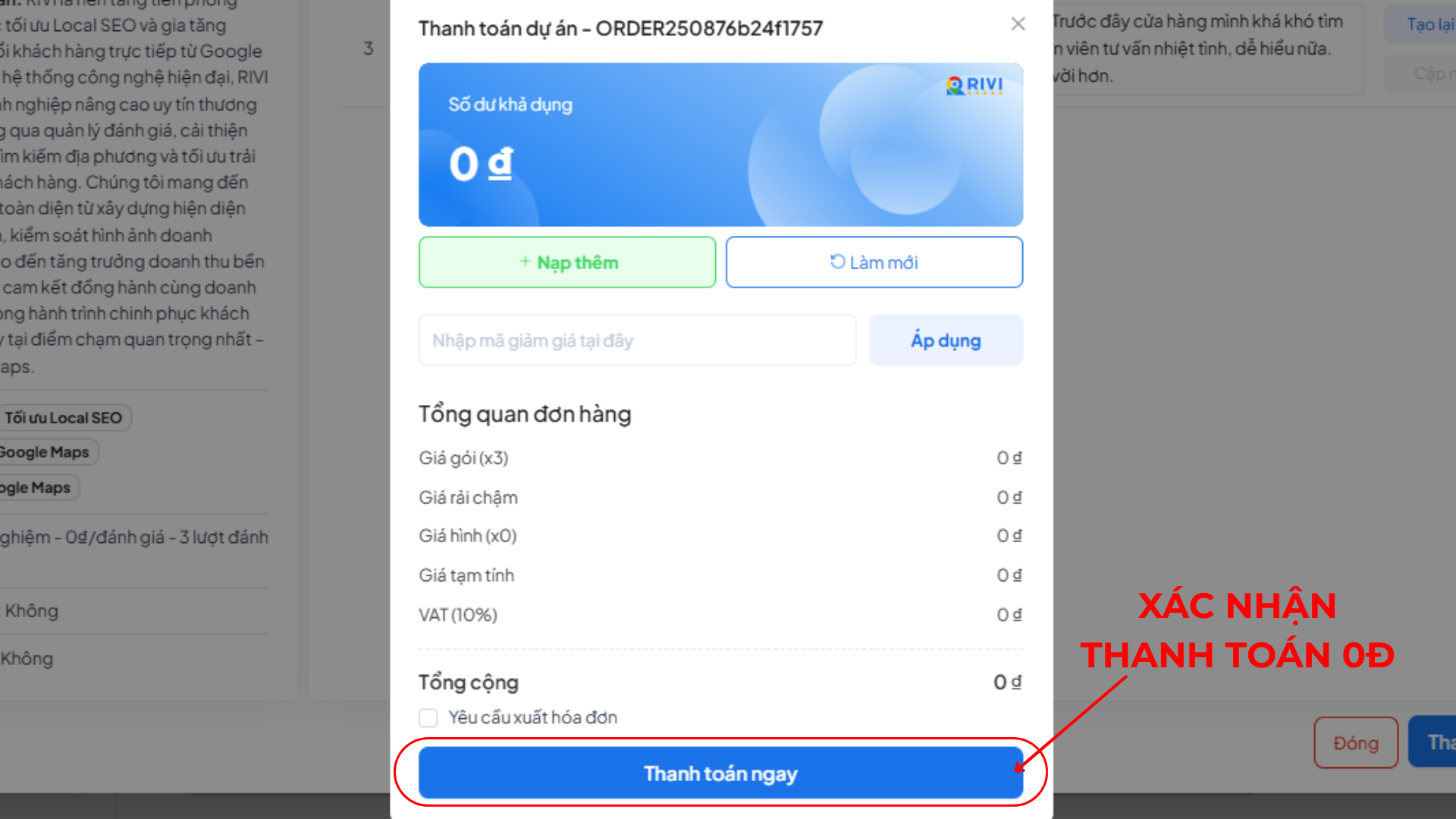 Nhấn Thanh toán để tạo dự án thành công