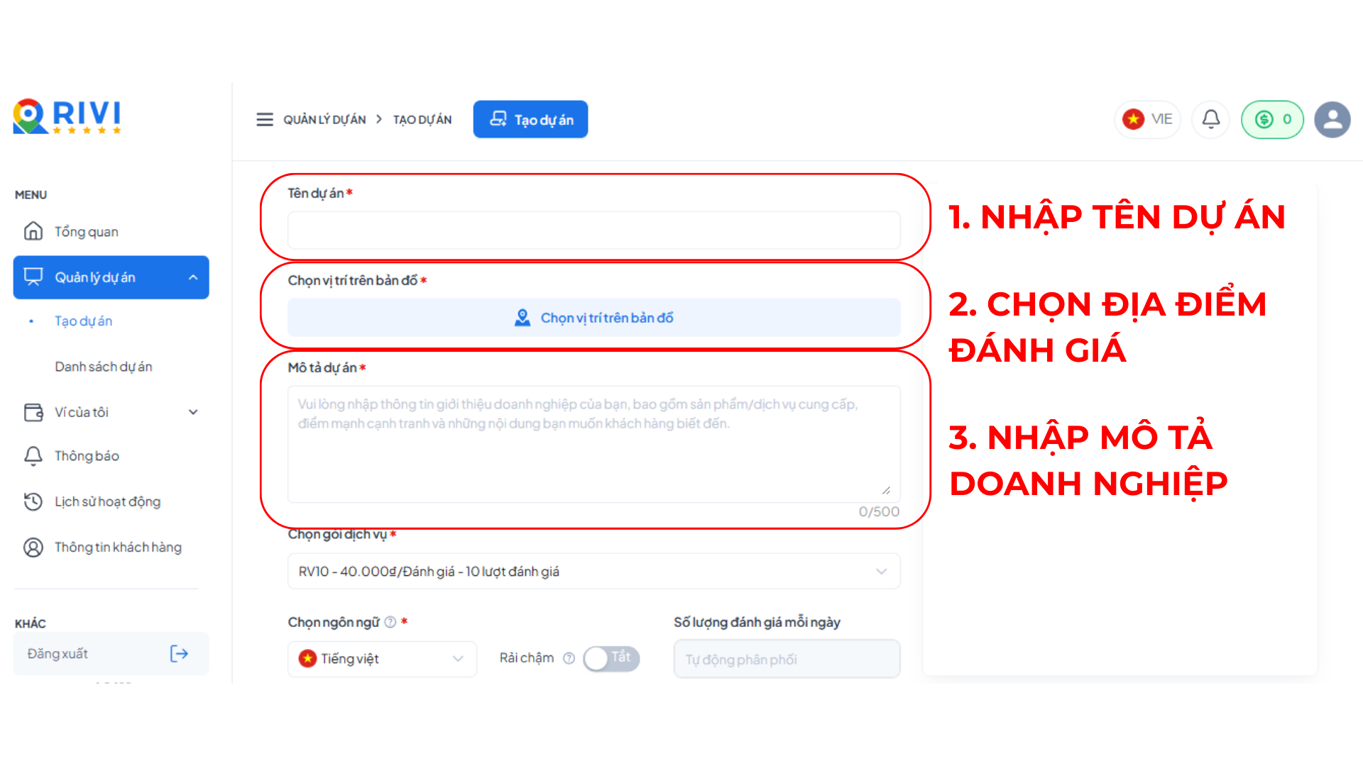 Nhập thông tin dự án