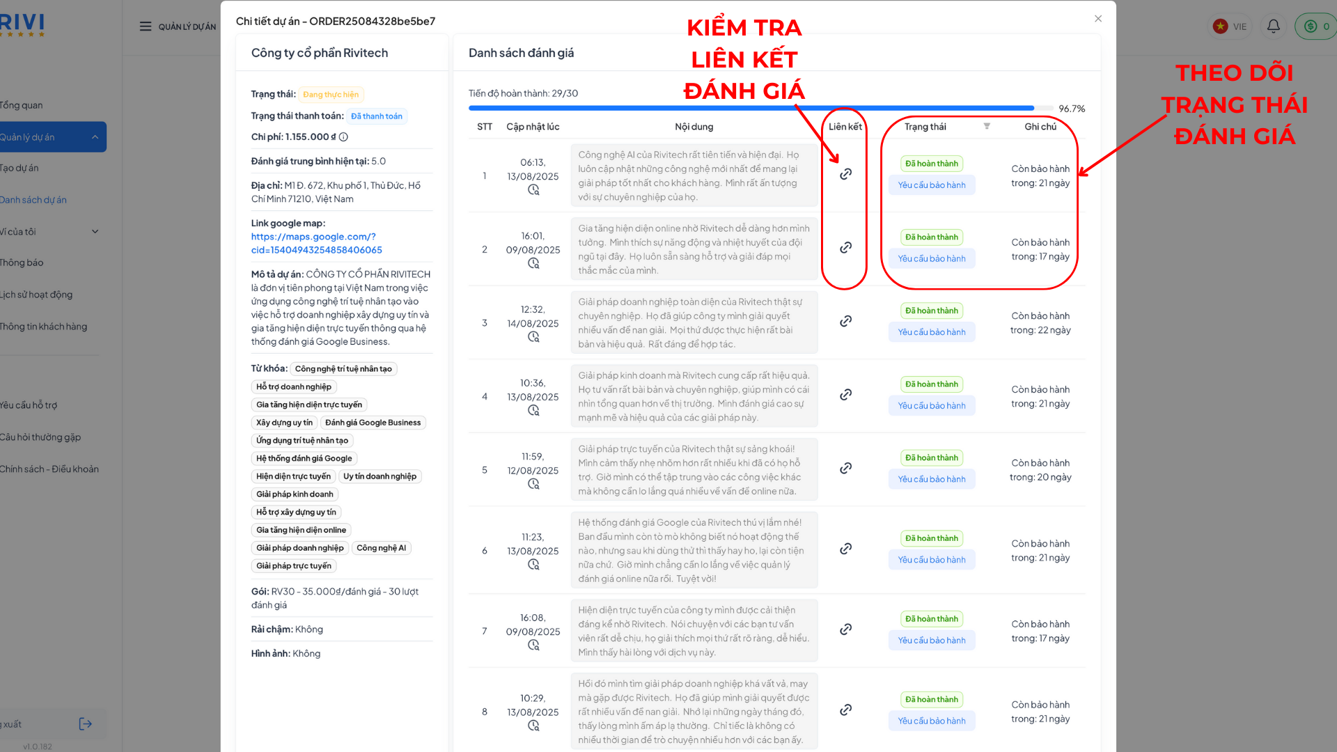Theo dõi trạng thái đánh giá