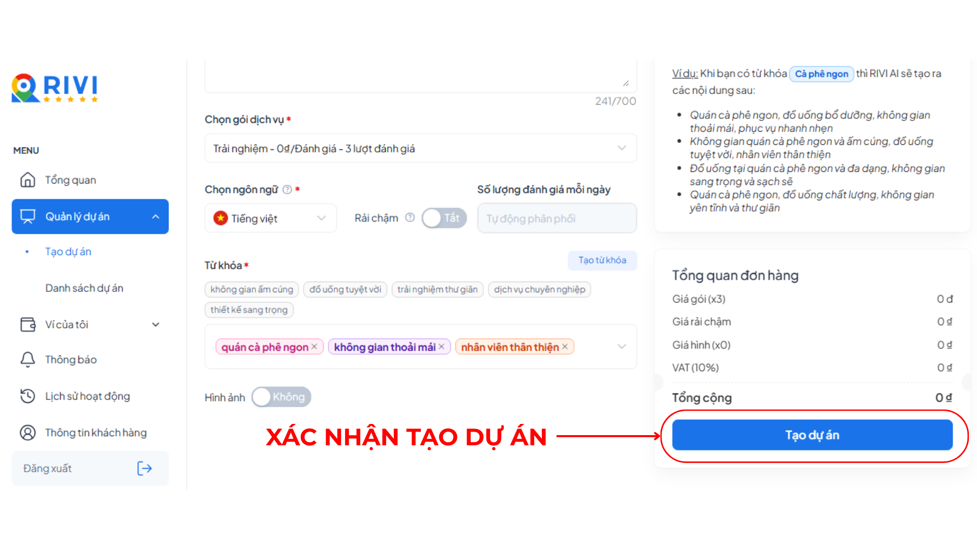 Xác nhận tạo dự án