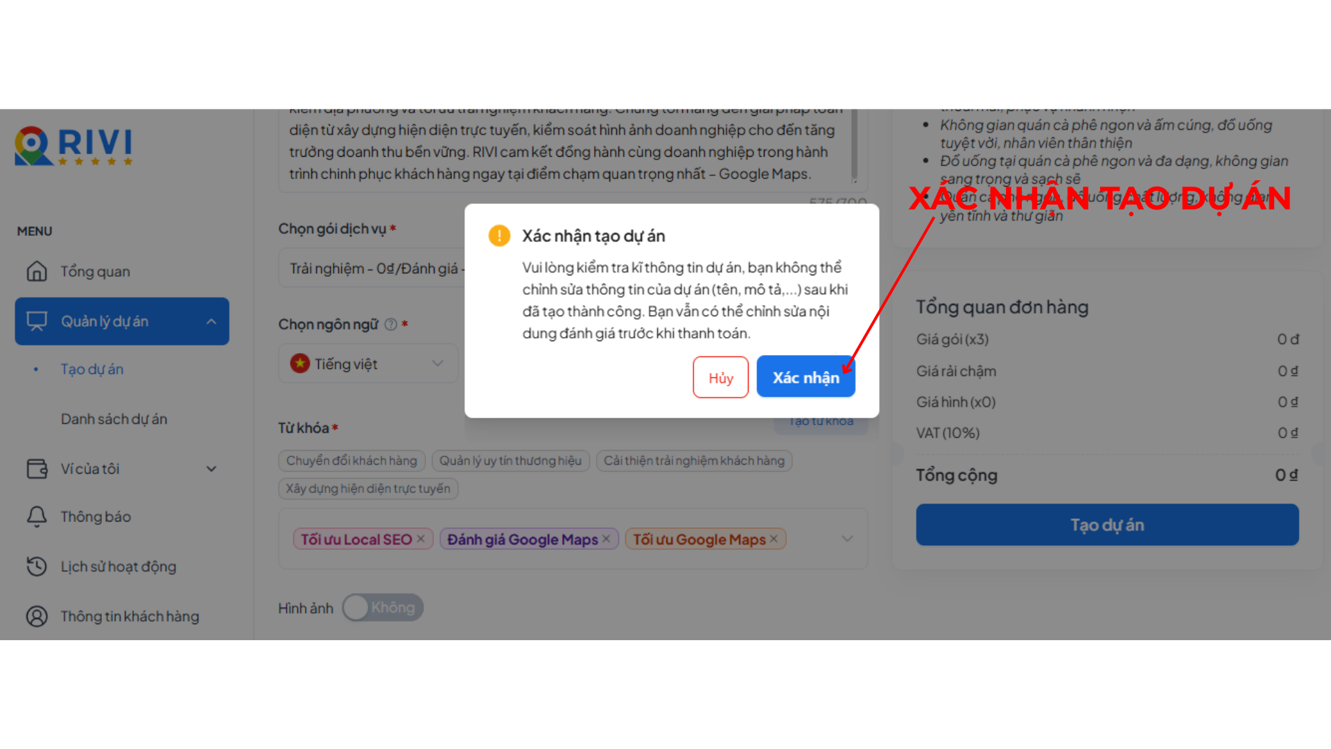 Xác nhận tạo dự án