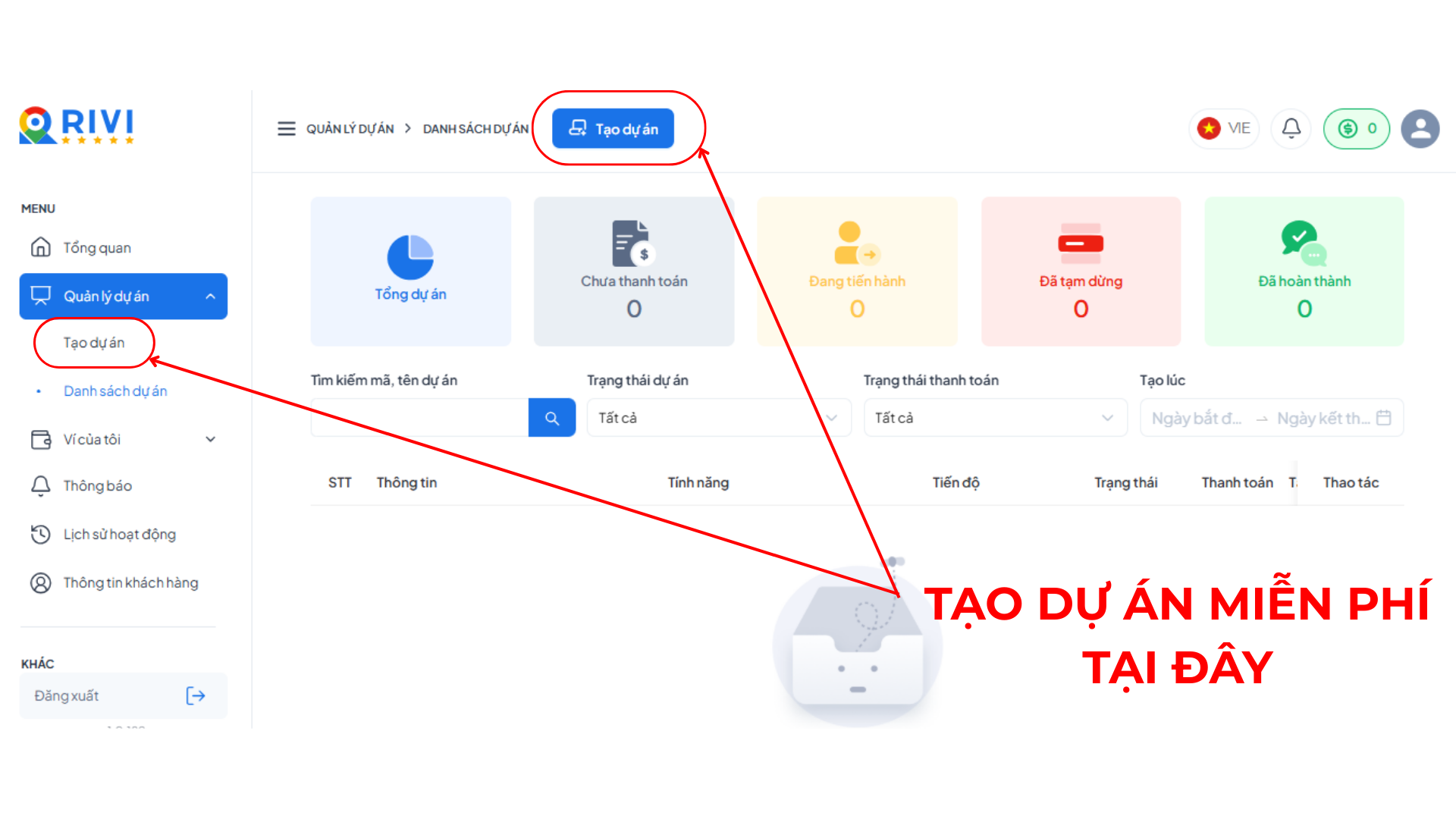 Nhấn vào nút Tạo dự án