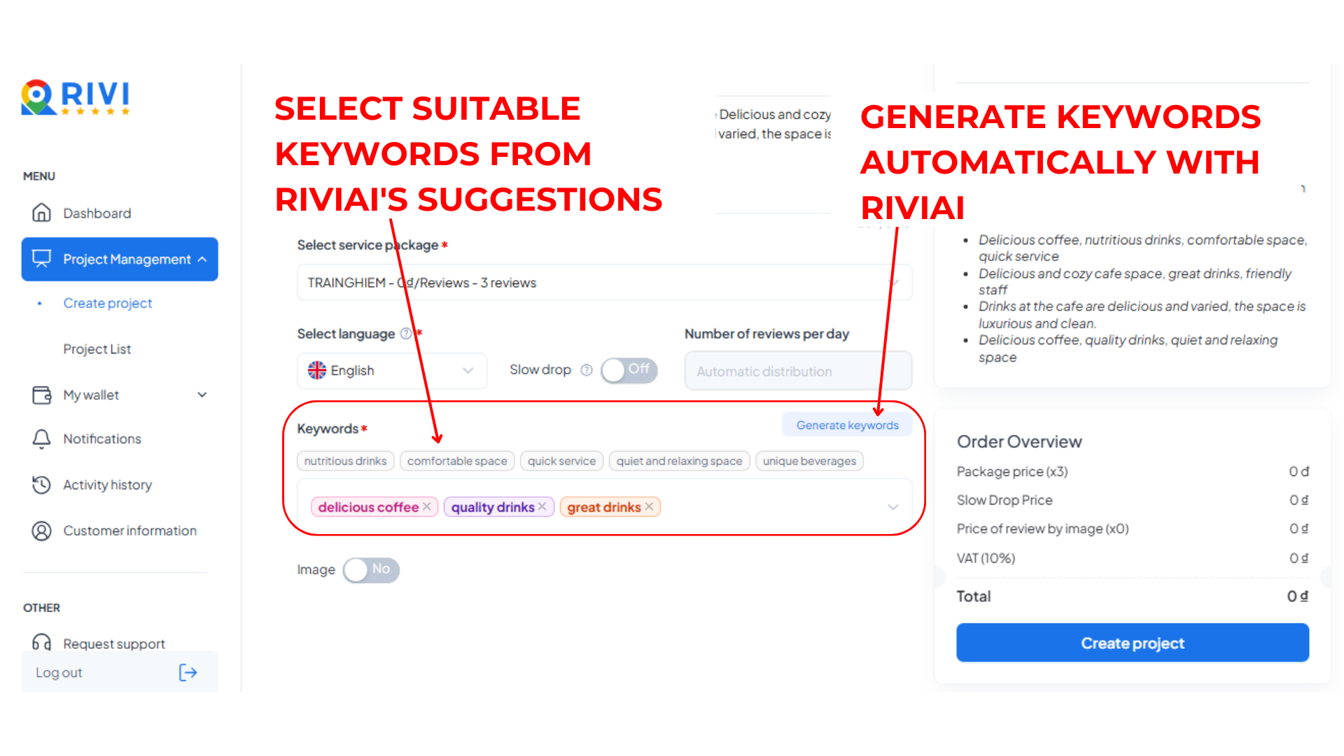 Generate keywords automatically with RIVI AI