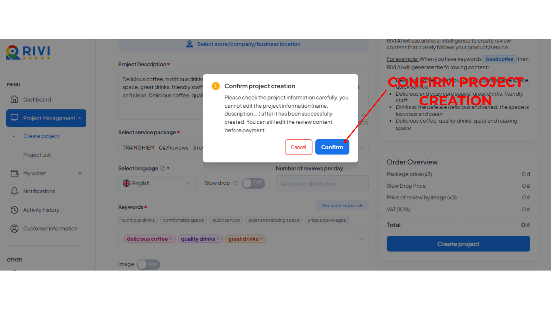 Confirm project creation